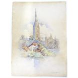 An early 20thC watercolour depicting Salisbury cathedral, by D. Brown. Signed lower right. Approx.