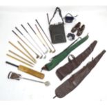 An assortment of mid to late 20thC sporting items, including gun slips, cartridge bag, 12 bore