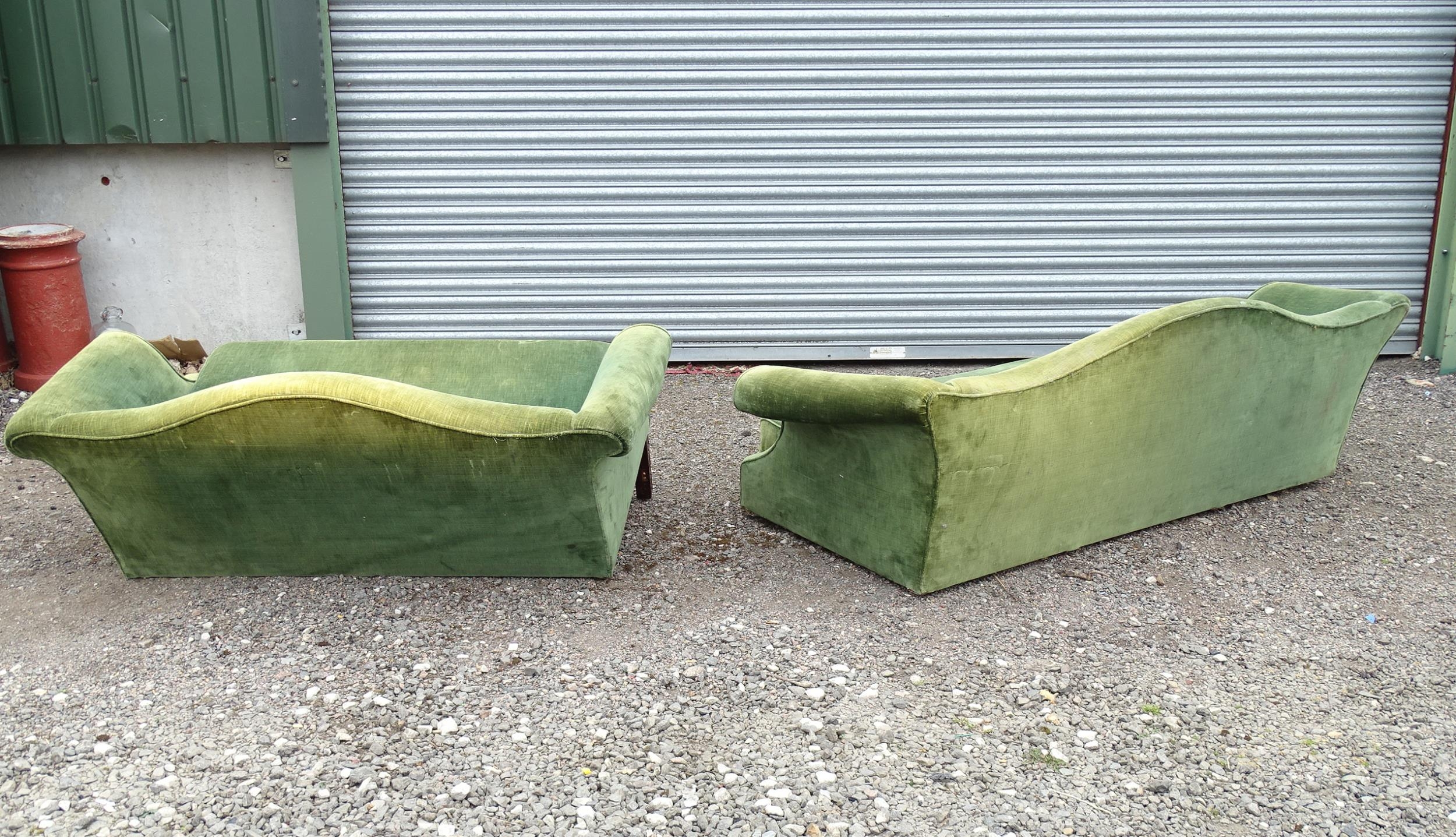 Two camel back sofas, one with blind fretwork carved legs. Largest approx. 80" wide (2) Please - Image 2 of 11