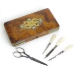 A Victorian walnut box containing scissors marked G Chambers, together with 3 mother of pearl