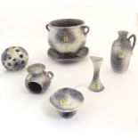 A quantity of West German Ruscha retro studio pottery wares comprising a twin handled bulbous vase /