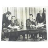 A 20thC monochrome press photograph depicting Soviet leader Leonid Brezhnev and President Richard