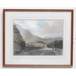 A watercolour titled The Road to Llyn Ogwen, depicting hikers in Snowdonia National Park, Wales.