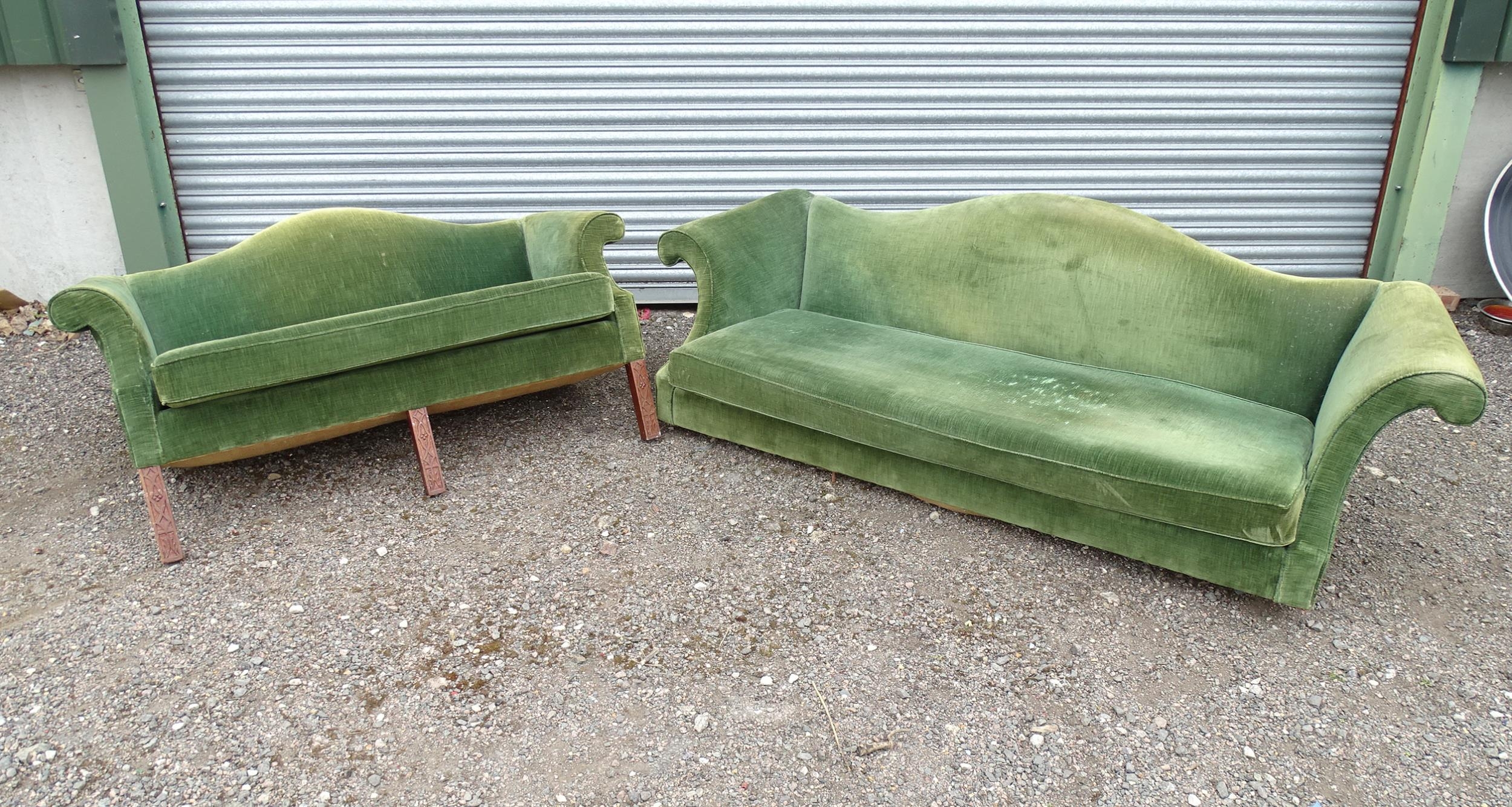 Two camel back sofas, one with blind fretwork carved legs. Largest approx. 80" wide (2) Please