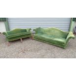 Two camel back sofas, one with blind fretwork carved legs. Largest approx. 80" wide (2) Please