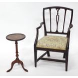 A Hepplewhite design open armchair together with an early 20thC marquetry inlaid wine table. The