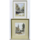 A watercolour depicting a wooded pond. Together with a signed limited edition colour aquatint with a