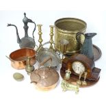 A quantity of assorted metal ware to include brass candlesticks, jardinière, tobacco box, copper