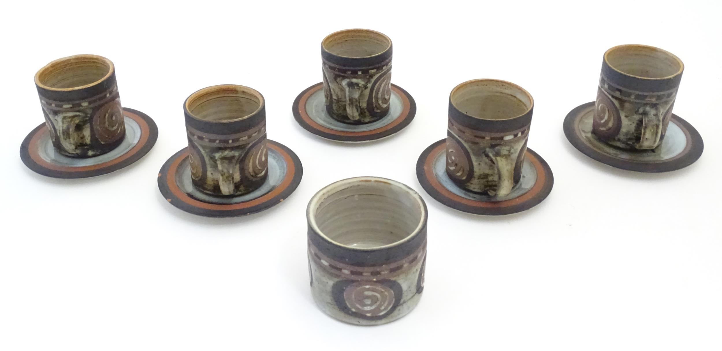 Five Briglin studio pottery coffee cups and saucers, together with a sugar bowl. Cups approx. 3" - Image 9 of 21