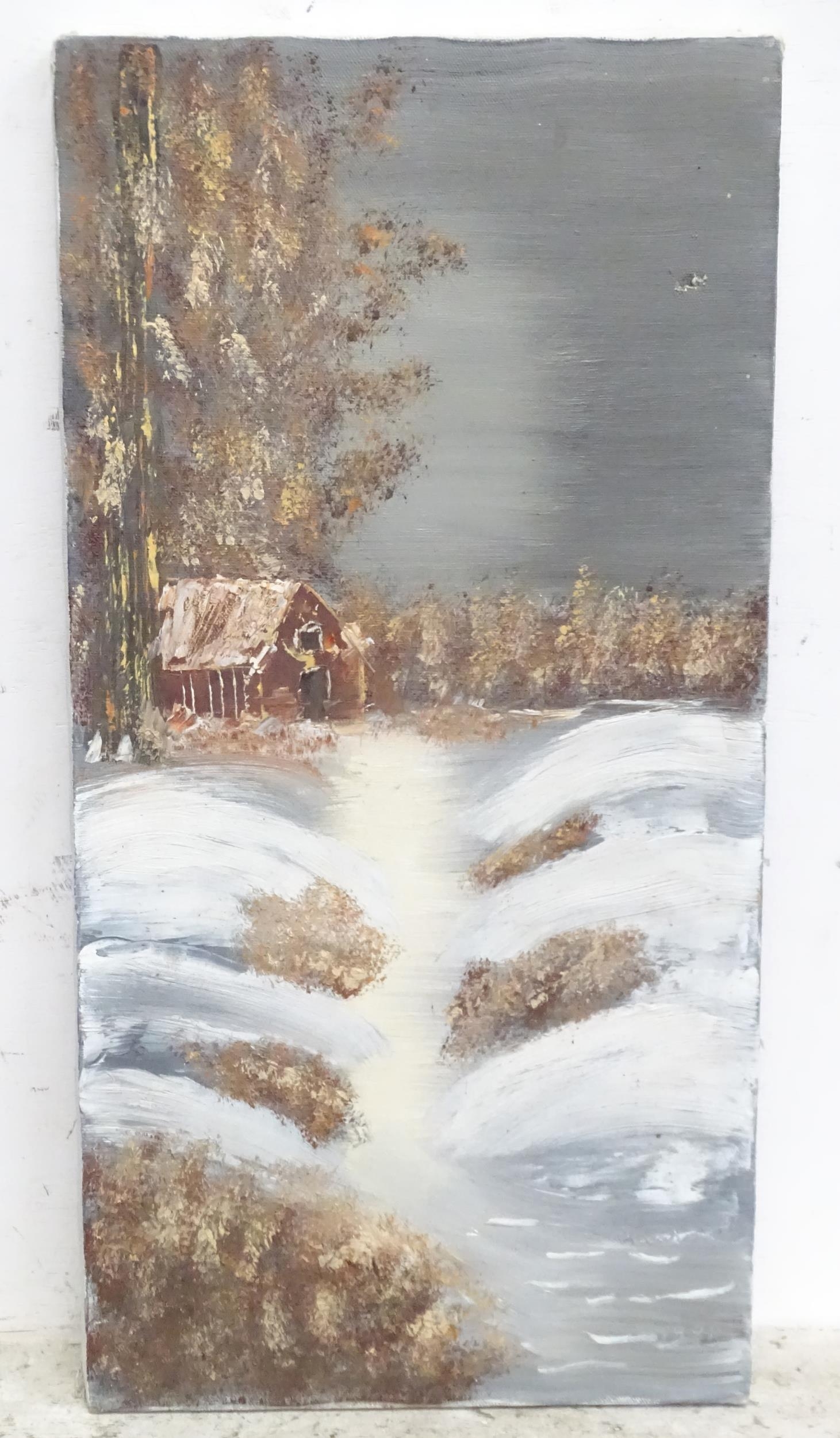 A late 20thC oil on canvas depicting a winter landscape with a river and cottage, by Laura