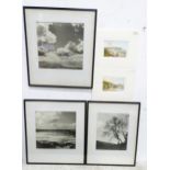 Three monochrome landscape photographs to include a coastal bay with rough sea, trees, etc. Together