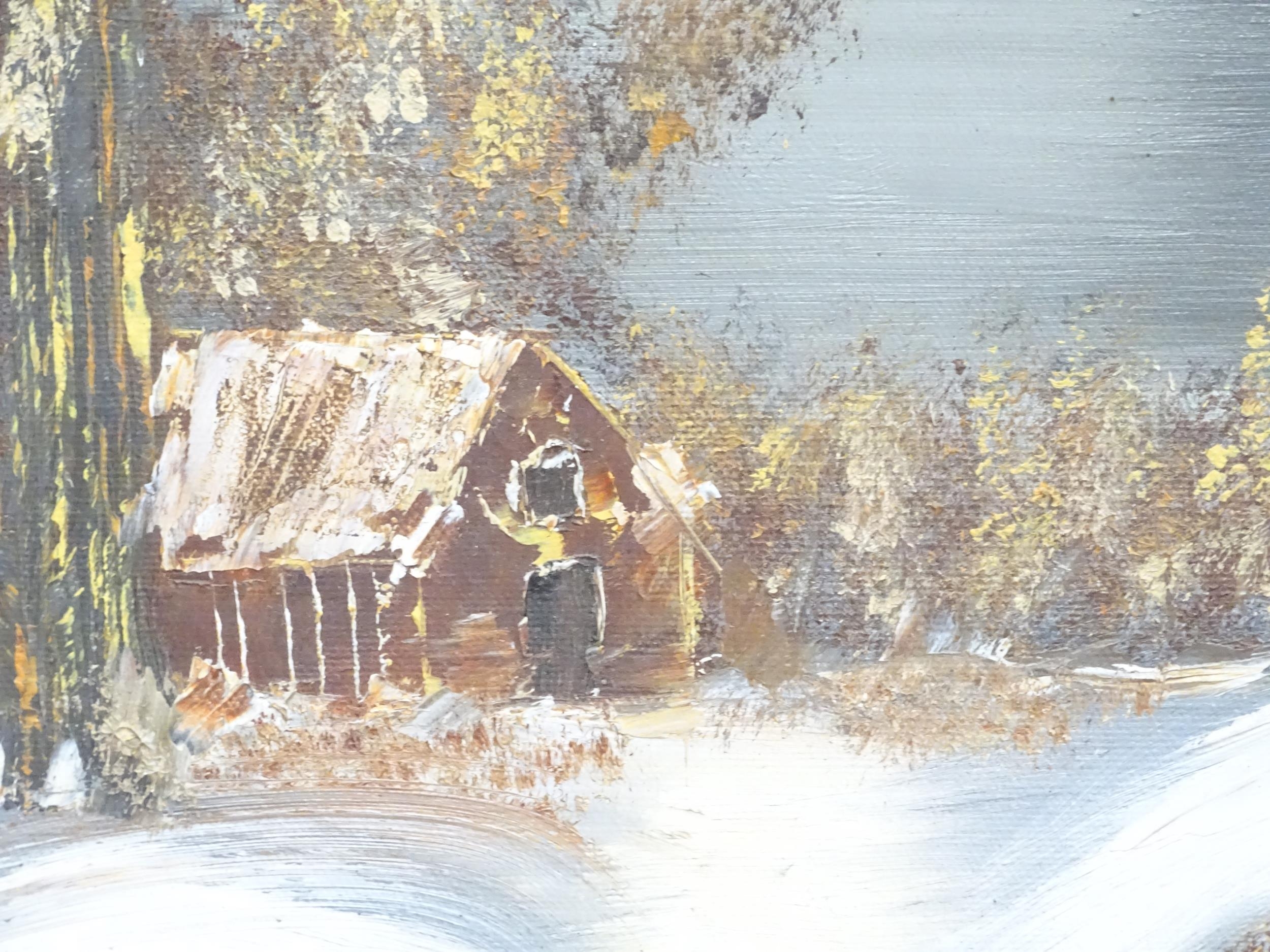 A late 20thC oil on canvas depicting a winter landscape with a river and cottage, by Laura - Image 4 of 7