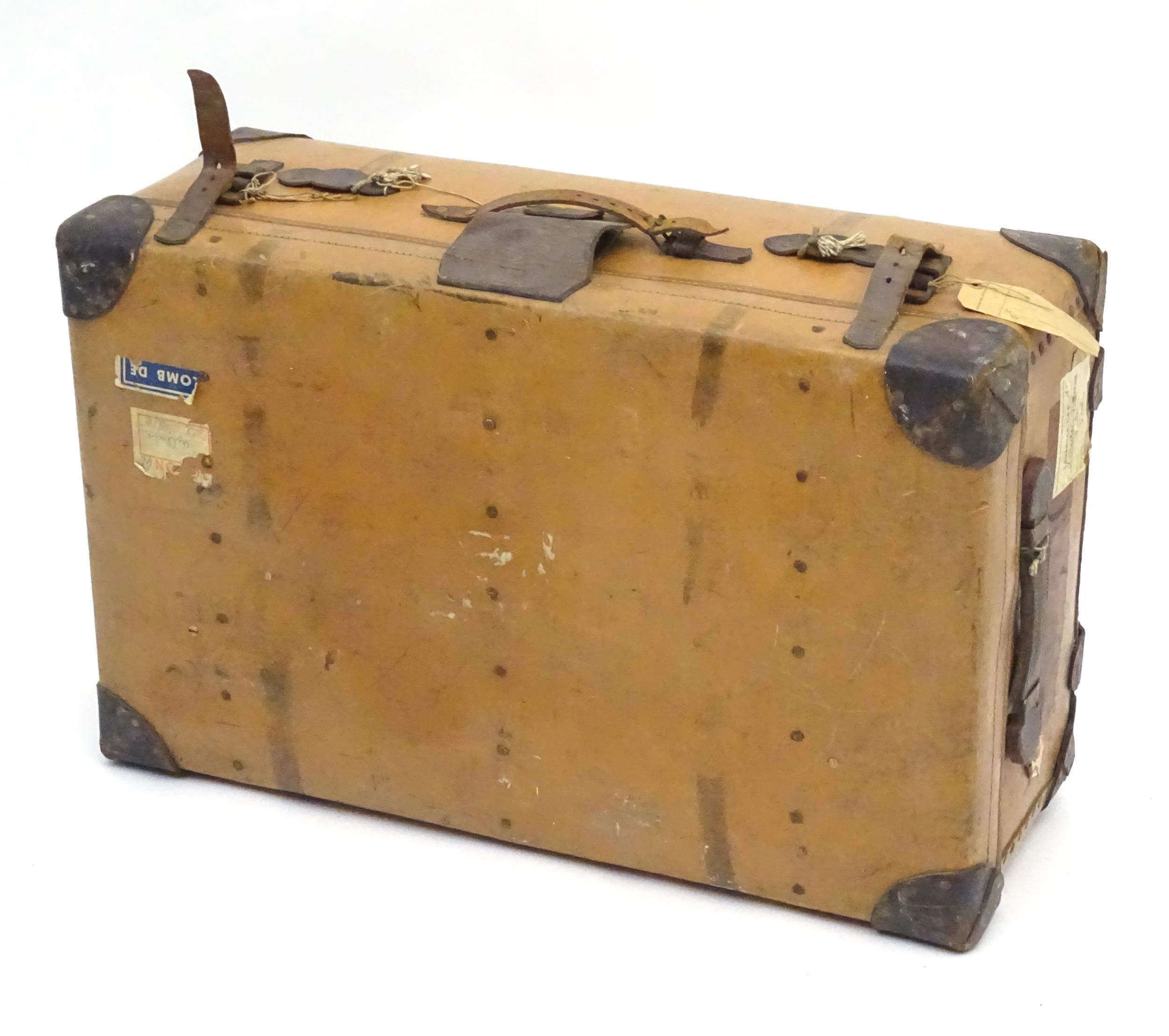 An early to mid 20thC canvas and leather travelling trunk / suitcase, in tan finish with partial - Image 5 of 20