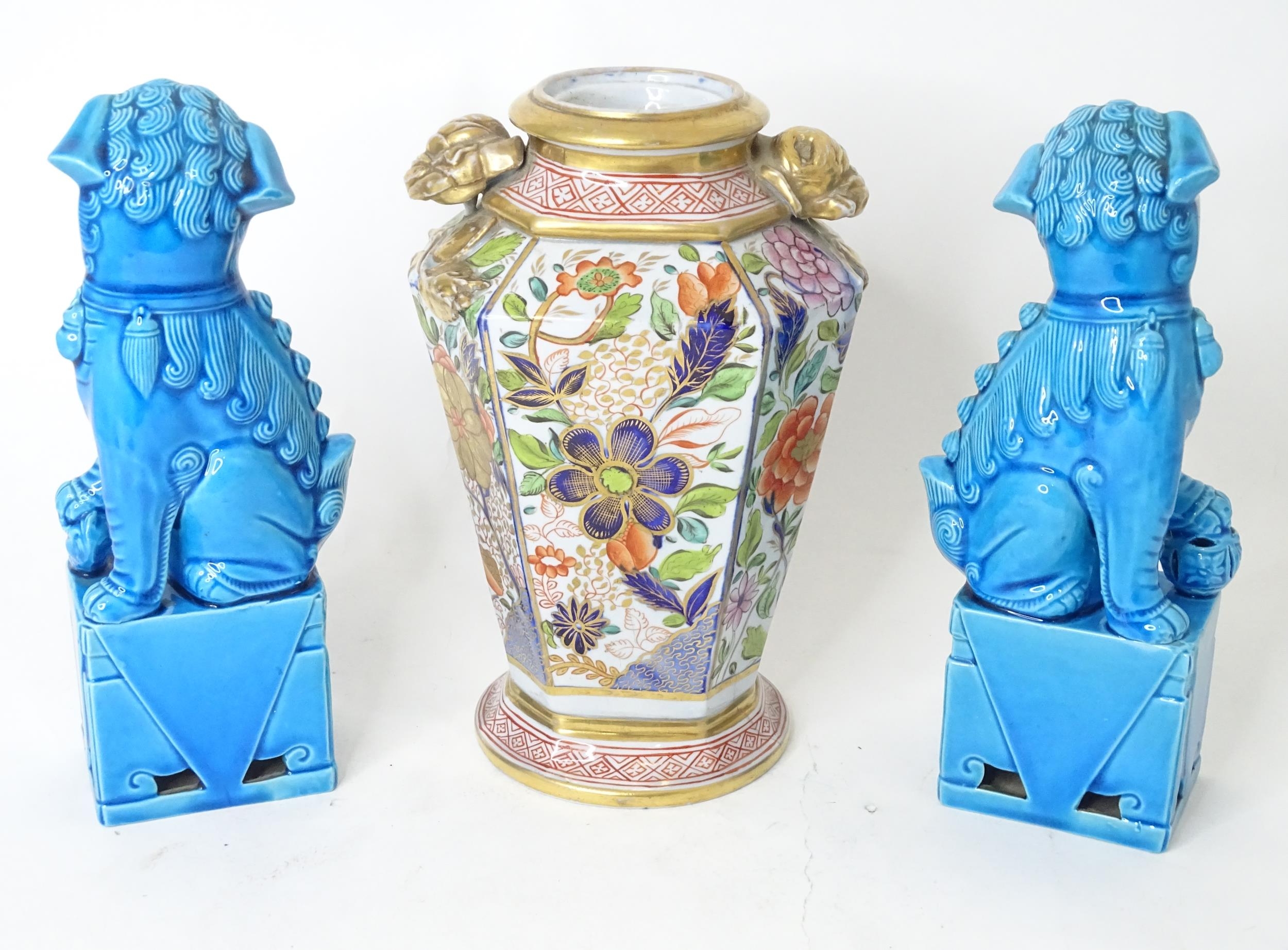 A pair of Chinese foo dogs with a turquoise glaze. Together with a twin handled vase with floral and - Image 4 of 5