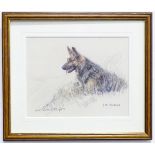 A signed limited edition print depicting a German Shepherd, by Gill Evans. Signed in pencil lower