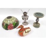 Box containing assorted items to include a tiffany style shade, oil lamp, village craft and design