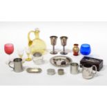 Assorted miscellaneous items to include coloured glass ware, silver plate cups, tankards etc .