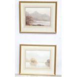 Two watercolours titled Derwent Water and Rydal Water depicting views in the Lake District by E.