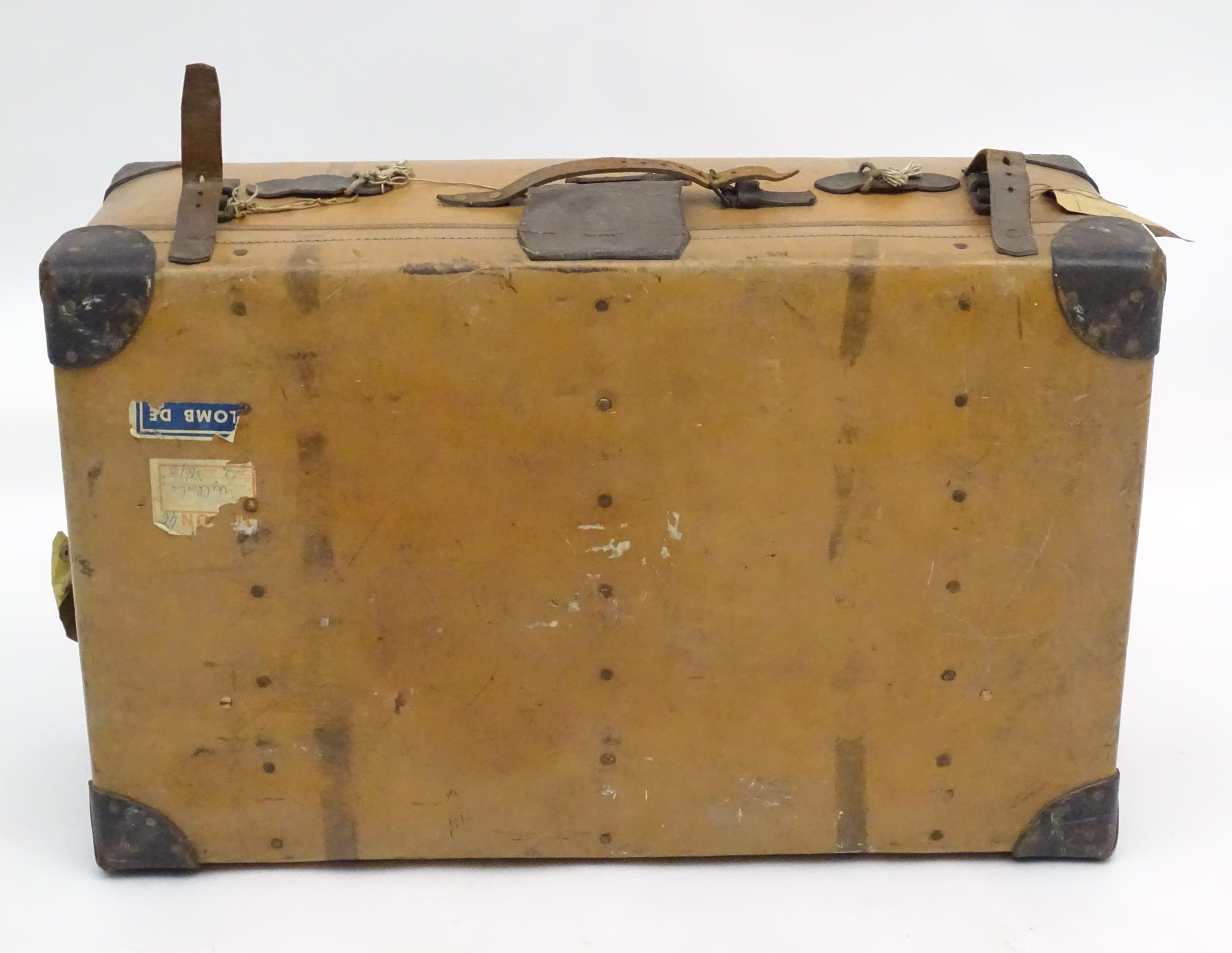 An early to mid 20thC canvas and leather travelling trunk / suitcase, in tan finish with partial - Image 4 of 20