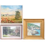 Three oil paintings comprising an oil on canvas depicting a landscape with poppies and a cathedral