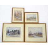 Four watercolours depicting country scenes to include a river landscape with geese and sheep, a