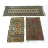 Three rugs to include a runner approx 73" long a prayer mat approx 37" long and another approx 37"