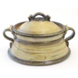A studio pottery stoneware twin handled pot and cover / waisted tureen. Approx. 5 1/2" high x 9 3/4"