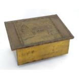 A 20thC brass kindling box with cottage detail to top. Approx. 12" deep x 17 1/2" wide x 10" high