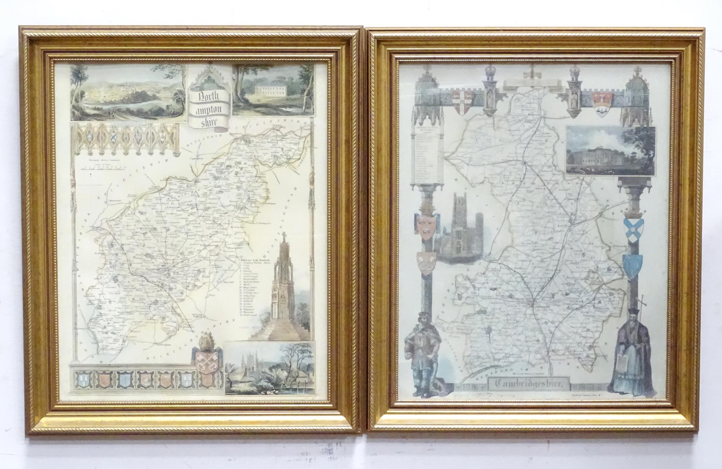 Two 20thC framed illustrated maps on linen after Thomas Moule, one depicting Cambridgeshire, the