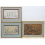 Early 20th century, Two pencil sketches, Animals in a rural farm landscape with a figure on