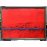 A large abstract print in reds and blues. Indistinct facsimile signature lower right. Approx. 38"