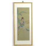 Oriental School, Watercolour on silk, A young lady seated on a garden terrace. Character marks and