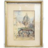 19th century, Watercolour, Ludgate Hill, A busy London street scene with carts, figures, and a
