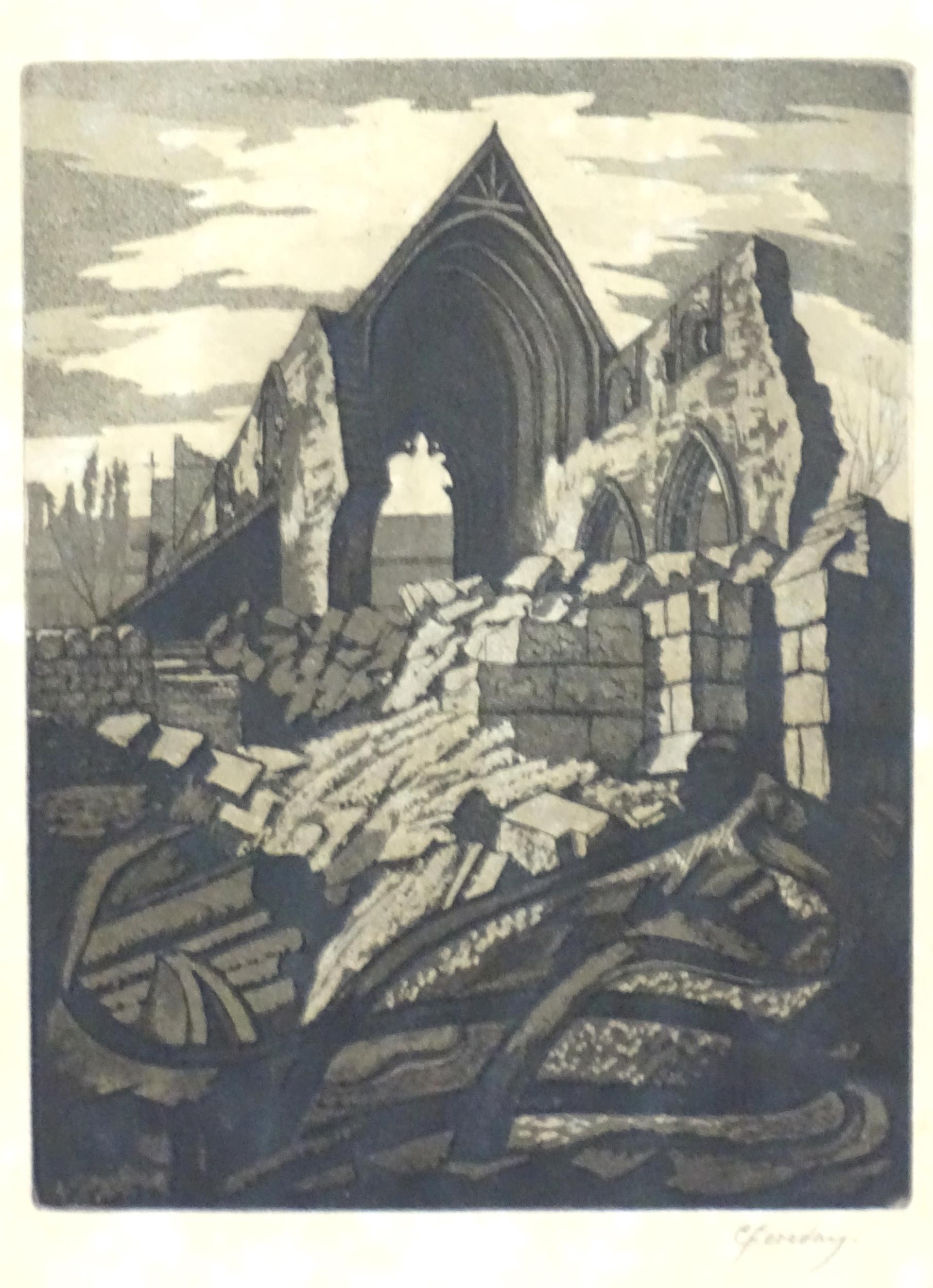 C. Fereday, 20th century, Engraving, A church ruin. Signed in pencil under. Approx. 9 1/2" x 6 3/ - Bild 5 aus 10