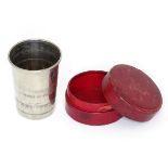 A telescopic cup / beaker. Cased. The case 2 1/42 diameter Please Note - we do not make reference to