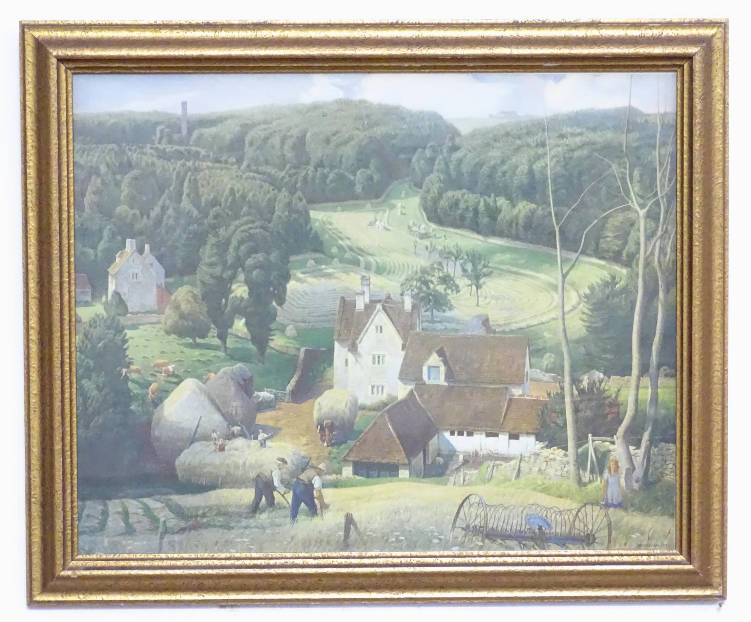 A colour print titled Hay Time in the Cotswolds, depicting a country landscape with farmers at work.