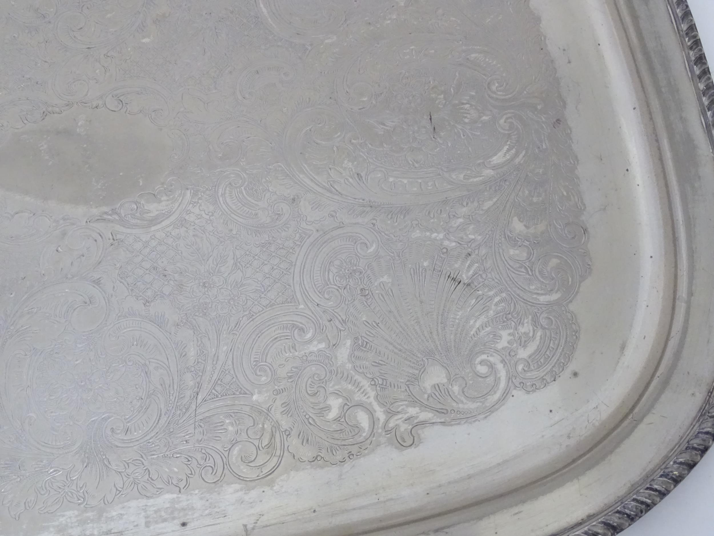 A large silver plate tray with engraved decoration. Approx. 22 1/2" wide Please Note - we do not - Image 4 of 5