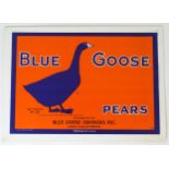 A colour print sample label for Blue Goose Growers Inc. of Lodi, California. Approx. 7 1/4" x 10"