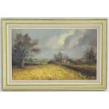 H. F. Burton, 20th century, Oil on canvas, A landscape scene with fields, trees and houses. Signed