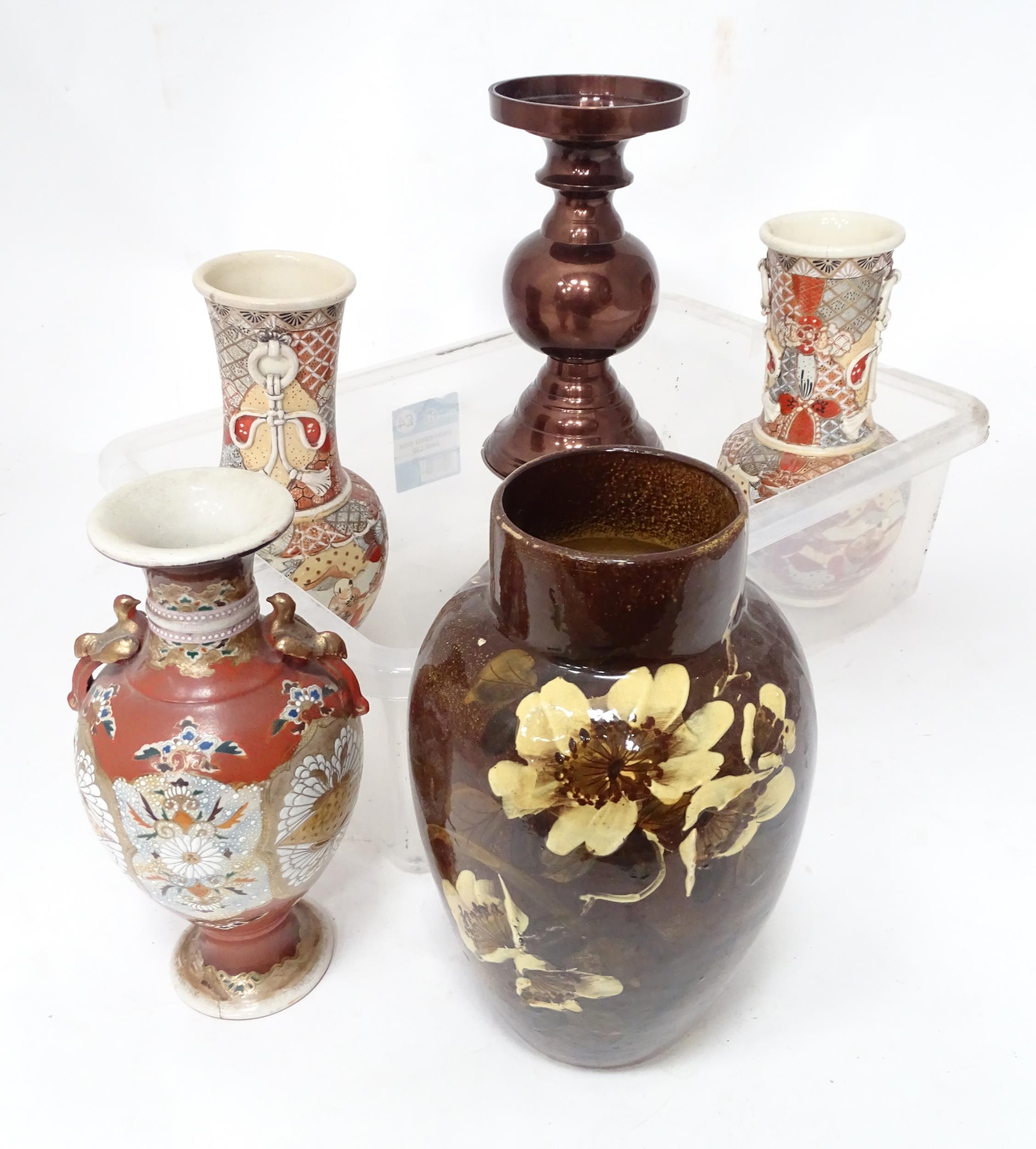 A quantity of assorted Oriental vases to include a baluster vase with floral decoration and twin