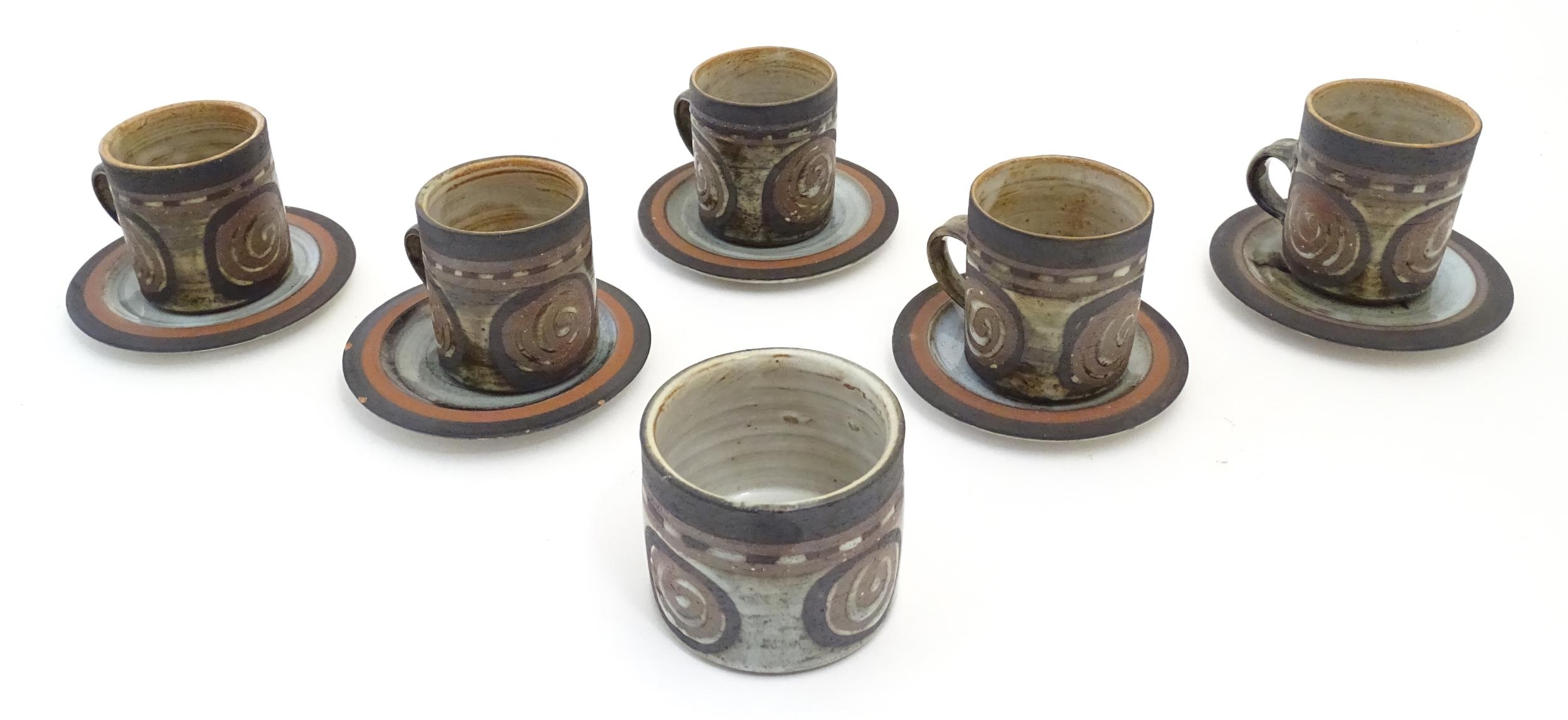 Five Briglin studio pottery coffee cups and saucers, together with a sugar bowl. Cups approx. 3" - Image 4 of 21