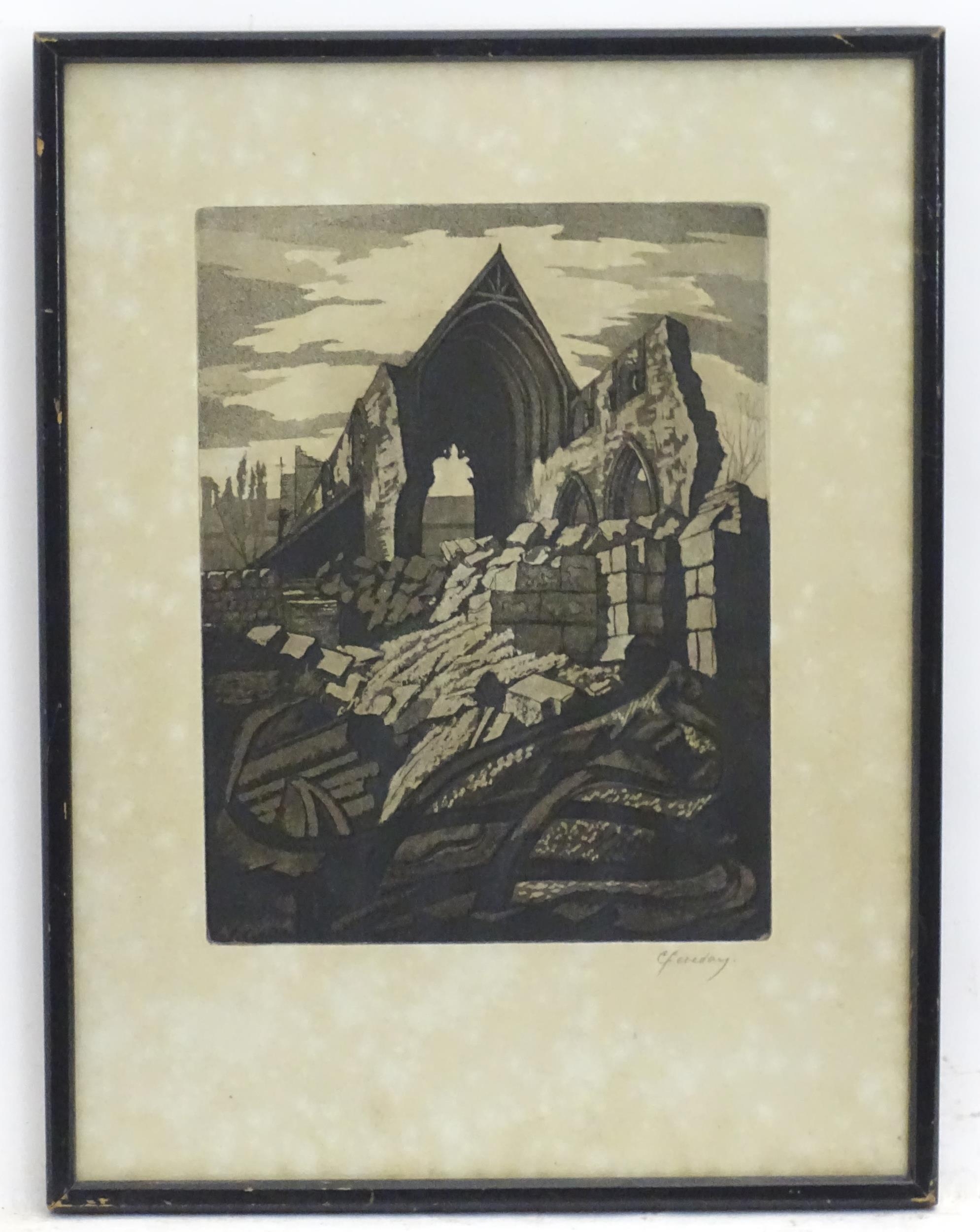 C. Fereday, 20th century, Engraving, A church ruin. Signed in pencil under. Approx. 9 1/2" x 6 3/