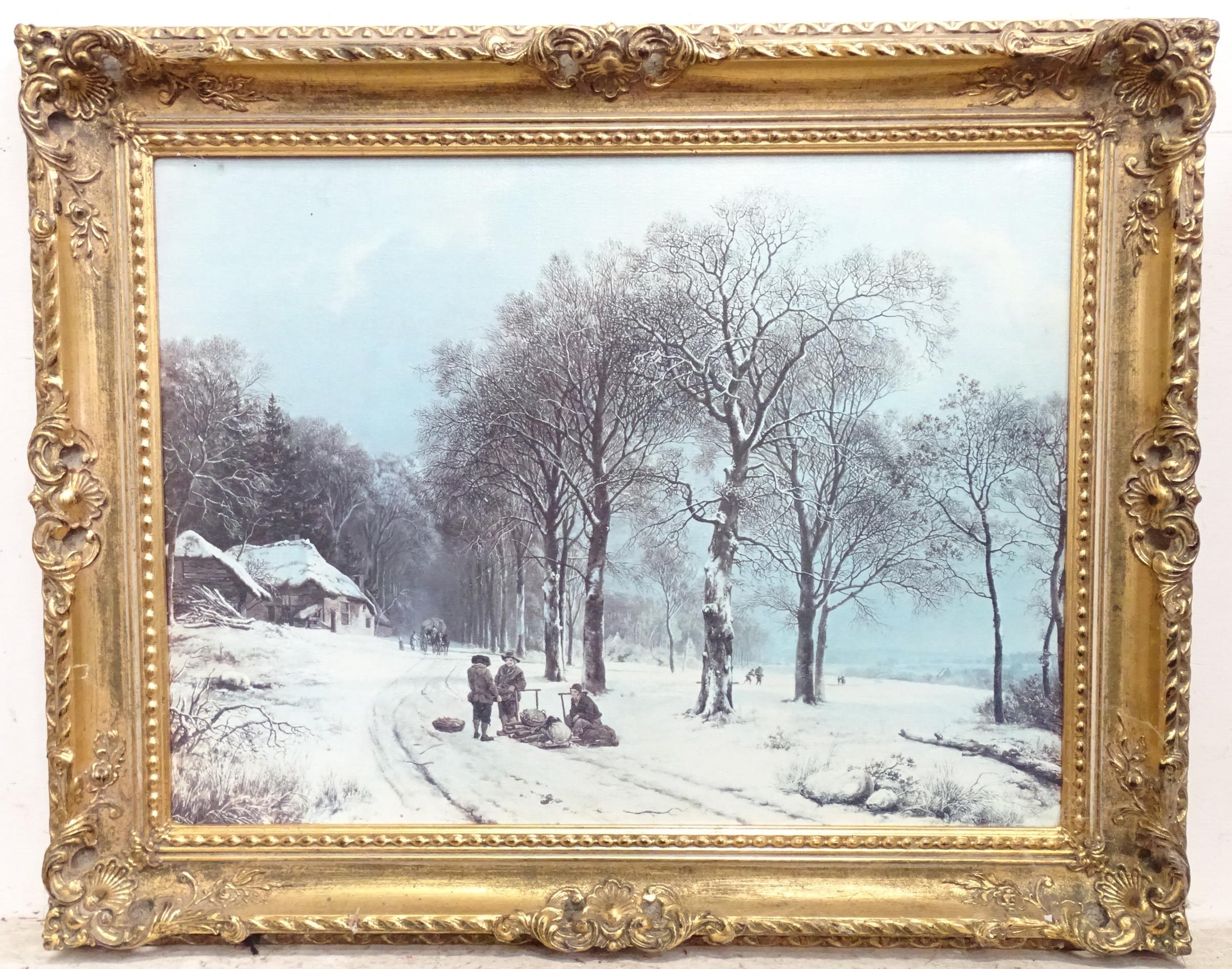 A framed oleograph depicting a winter landscape with figures after Barend Cornelis Koekkoek. Approx.