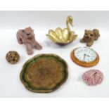 Box of assorted items to include wall clock, swan formed bowl, carved gilt acanthus ball, sheep