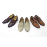 Vintage fashion / clothing: 3 pairs of continental men's slip on shoes with leather soles. Including