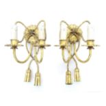 A pair of twin branch gilded wall lights / electroliers with rope twist detail. Approx. 13" high (2)