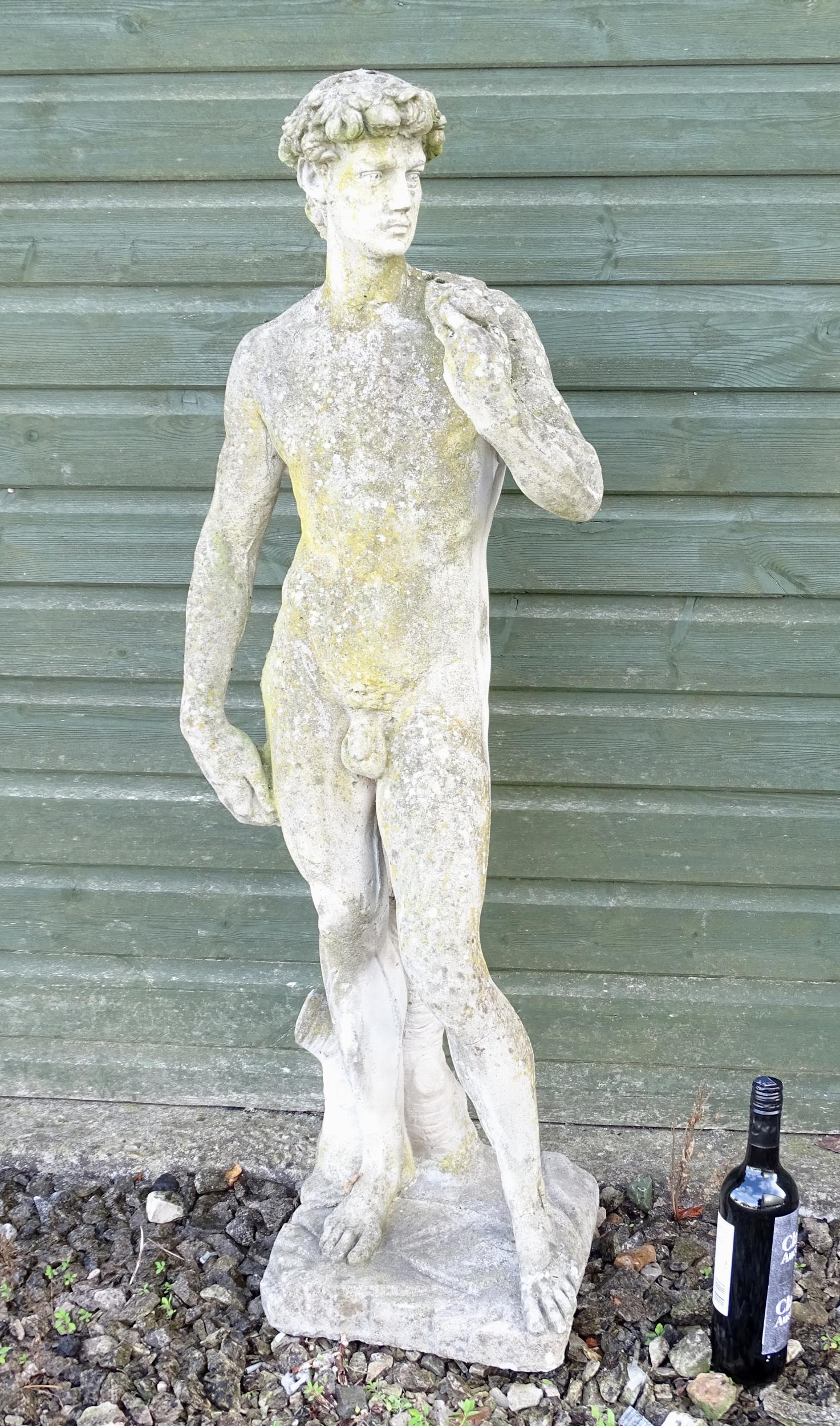 A 20thC composite stone garden statue of a Classical male figure, after Michelangelo's David. - Image 6 of 8