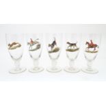 Five drinking glasses with hand painted hunting detail depicting hounds, hare, huntsman, etc.