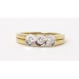 A 9ct gold ring set with three diamonds. Ring size approx. M 1/2 Please Note - we do not make