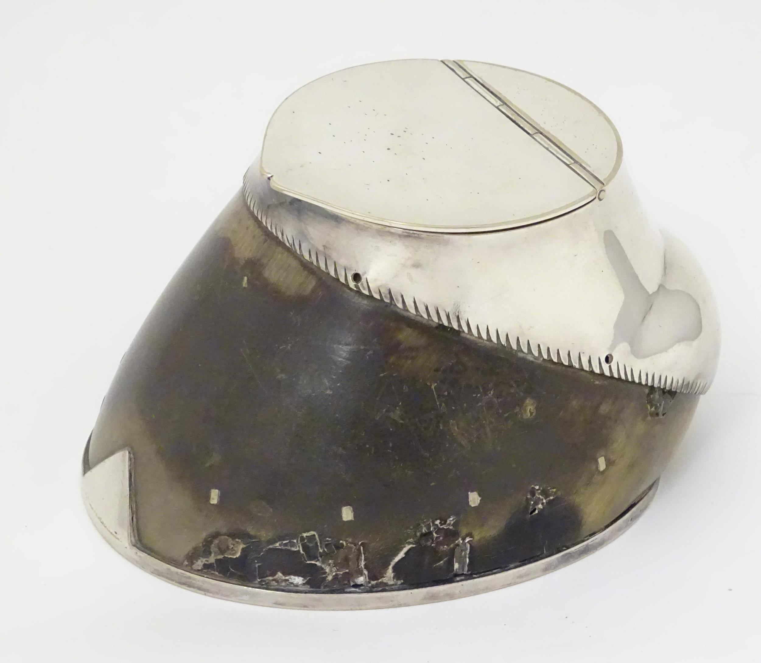 Taxidermy: A late 19thC / early 20thC inkwell formed from a horse hoof with silver plate mounts. - Bild 4 aus 8